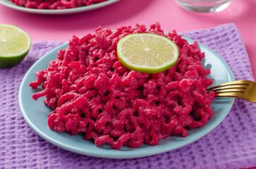 Beetroot Pasta, Barbie Themed Pasta, Trendy Recipe on Pink Background