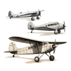 Set of vintage airplane on transparent background