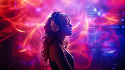 Fototapeta premium Dancer with headphones in background room with spotlights and lights, neon-lit abstract purple background
