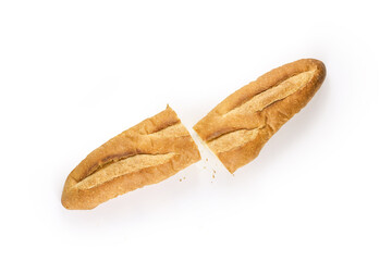 Baguette cut in half. Baguette bread, French bread. Organic baguette francese on white background. Collection of baked bread
