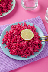Beetroot Pasta, Barbie Themed Pasta, Trendy Recipe on Pink Background