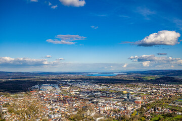 Bird's-eye view of the city of Singen against the backdrop of the Lake Constance