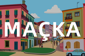 Maçka: Modern illustration of a Turkish scene with the name Maçka in Trabzon - obrazy, fototapety, plakaty