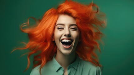 Fototapeta premium Excited and joyful woman with orange and pink hair. Generative AI