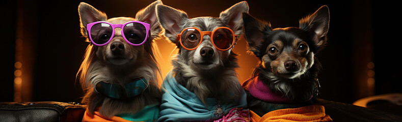 three chihuahua dogs with sunglasses on, purple and cyan