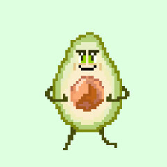 pixel art Avocado character 8 bit retro style. Smiling cute vegetable. Vector illustrations for game assets, sprite and cross stitch. Sketch. Green avocado in the section, the stone is visible