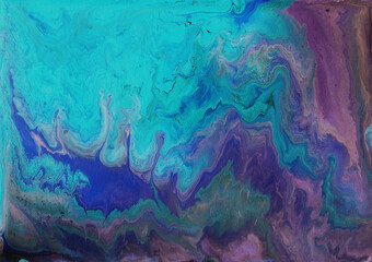Chaotic turquoise and violet waves. Abstract hand painted acrylic texture. Fluid art.