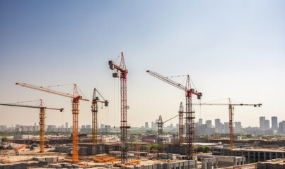 View of a construction site with tall cranes and unfinished buildings. Creating using generative AI tools