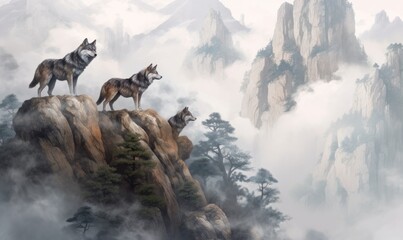 Wild wolfs in nature wilderness. Created with Generative AI technology.