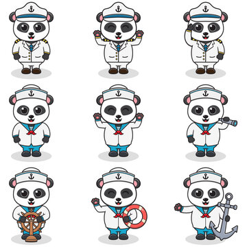 Funny Panda sailors set. Cute Panda characters in captain cap cartoon vector illustration.