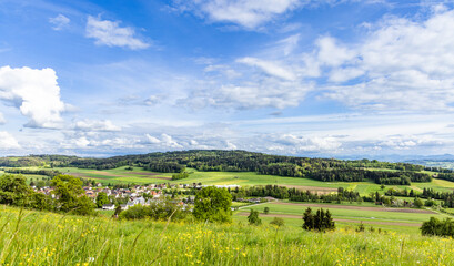 Fototapeta na wymiar View of a forest, fields and village on the hills against a cloudy sky