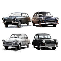 Set of old vintage cars isolated on transparent background