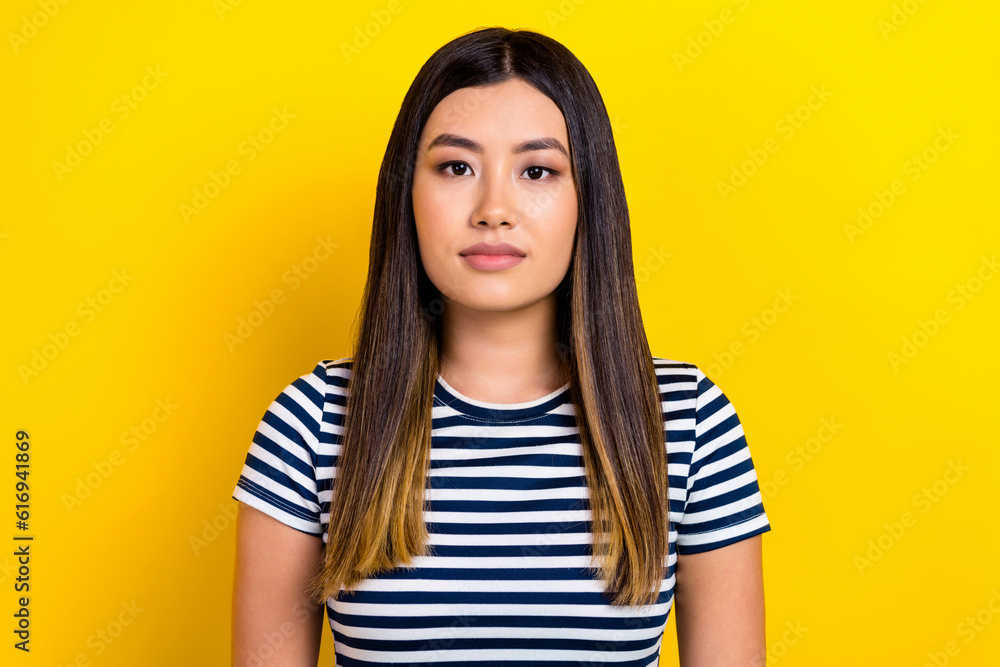 Sticker Portrait of pretty cute asian appearance lady look camera fresh makeup plump lips ombre hairdo isolated bright yellow background