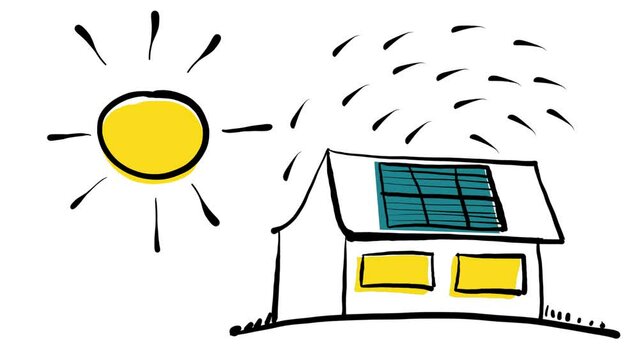 Sun, solar energy animation with house and photovoltaic panel on the roof. Hand drawn electricity, power concept.