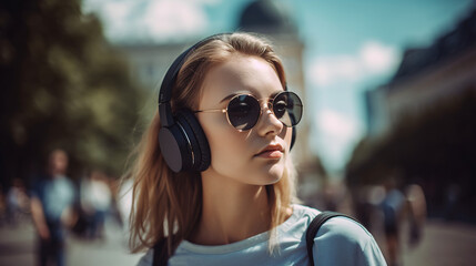 Woman listening to music on wireless headphones outside on a sunny day
