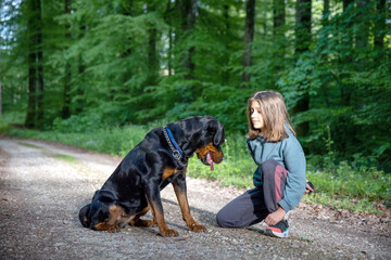 A little girl plays with a ball-toy with her dog of the Rottweiler breed on a path in a forest