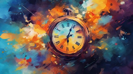 Old clock on an watercolor painting on an abstract patterned background. Generative AI