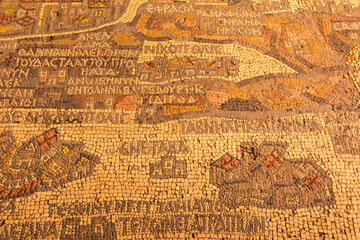 Madaba, Jordan - November 5, 2022: Interior 6th century mosaic map of the Holy Land on the floor of the Greek Orthodox Basilica of St. George