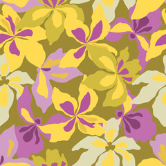 Iris flowers hand drawn seamless pattern on green background.