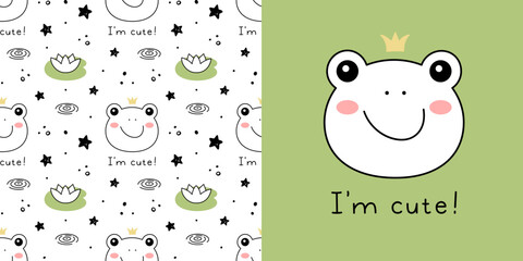 Hand drawn Little frog princess in doodle style for designing baby clothes. Postcard with frog and seamless pattern. Cartoon Bohemian nursery print. Kids design texture. Vector illustration. © Kate ARTery19