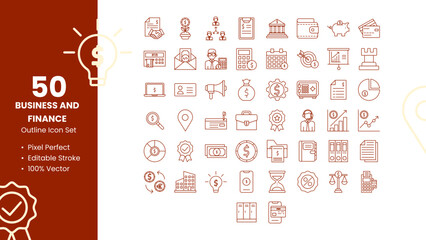 Set of 50 line icons related to Business and Finance. Pixel Perfect Icon. Outline icon collection. Editable stroke. Vector illustration.