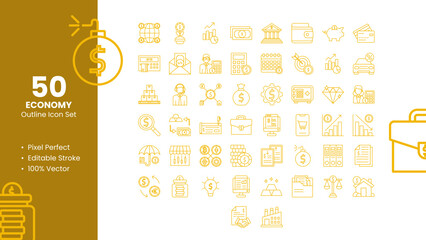 Set of 50 line icons related to Economy. Pixel Perfect Icon. Outline icon collection. Editable stroke. Vector illustration.