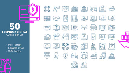 Fototapeta na wymiar Set of 50 line icons related to Digital Economy. Pixel Perfect Icon. Outline icon collection. Editable stroke. Vector illustration.