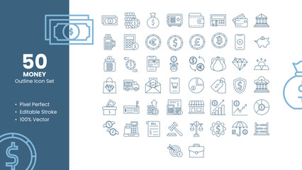 Set of 50 line icons related to Money. Pixel Perfect Icon. Outline icon collection. Editable stroke. Vector illustration.