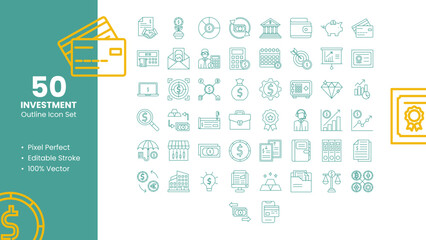 Fototapeta na wymiar Set of 50 line icons related to Investment. Pixel Perfect Icon. Outline icon collection. Editable stroke. Vector illustration.