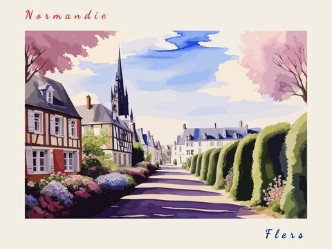 Flers: Retro tourism poster with a French landscape and the headline Flers / Normandie