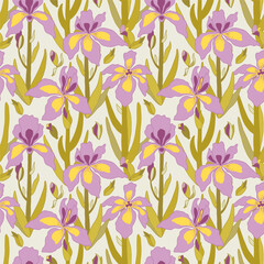 Iris flowers hand drawn seamless pattern on green background.