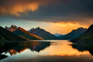 Fototapeta na wymiar sunset over the lake and mountains gernated AI