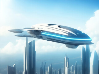 Flying passenger train. Futuristic sci fi city in clouds. Utopia. concept of the future. Aerial fantastic view. Digital painting illustration created with Generative AI technology.