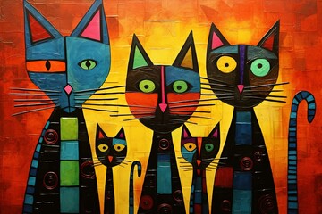 Whimsical Cat Family Generative AI Illustration
