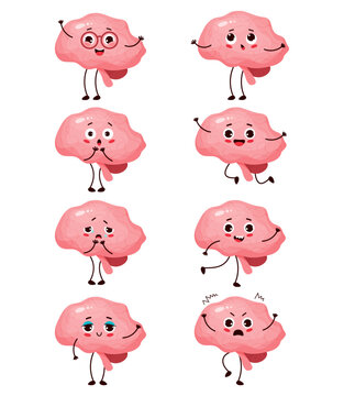 Collection cute cartoon character brain. Human organ central nervous system with different emotions. Happy, sad, crying, surprised, angry and delighted. Isolate vector illustrations.