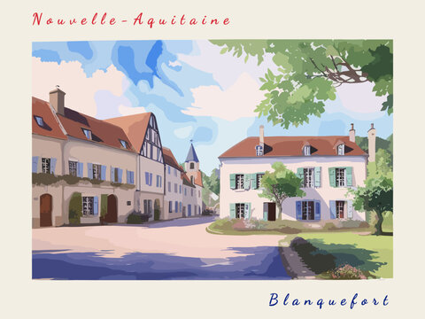 Blanquefort: Retro tourism poster with a French landscape and the headline Blanquefort / Nouvelle-Aquitaine