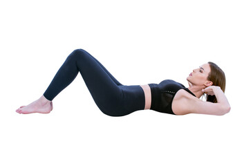 Fototapeta na wymiar Caucasian fit woman doing mini crunch exercise isolated on white profile view