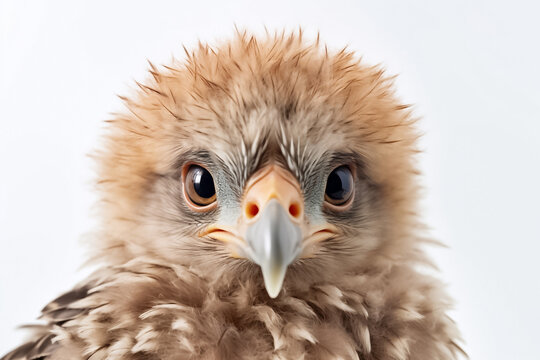 A studio captures the essence of a baby eagle, highlighting its adorable features against a white background. Generative AI.