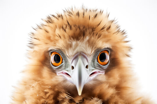 A studio captures the essence of a baby eagle, highlighting its adorable features against a white background. Generative AI.