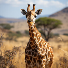 Obraz premium A regal giraffe (Giraffa camelopardalis) standing tall amidst the open grassland. Taken with a professional camera and lens.