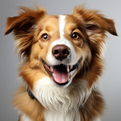 A cheerful Border Collie puppy (Canis lupus familiaris) with a brown and white coat, wearing a happy expression.