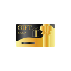 3d Discount Gift Card with gift box isolated on white background. Template of style black Loyalty voucher with golden ribbon. Vector illustration. Sale element with a bow. Advertising symbol.