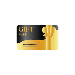 Discount Gift Card isolated on white background. Template of style black Loyalty voucher with golden ribbon. Vector illustration. Sale element with a bow. Advertising symbol.