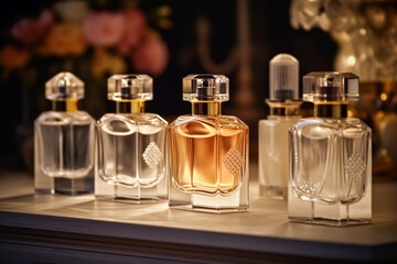 Luxury fragrance bottles at perfume scent at presentation event, bespoke perfumery and beauty product sale, generative ai