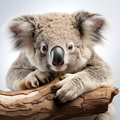 A lazy Koala (Phascolarctos cinereus) clinging to a tree branch.