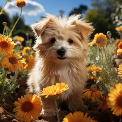 An adorable puppy (Canis lupus familiaris) sitting amidst a vibrant array of flowers in a sun-drenched garden in Tuscany.