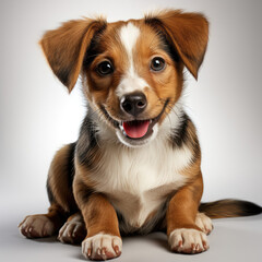 An adorable Jack Russell puppy (Canis lupus familiaris) sitting with a playful expression.