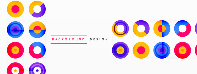 Eye-catching background of colorful circles of equal size arranged in abstract pattern. Circle boasts unique tone or hue, creating rainbow effect. Design has upbeat, contemporary feel