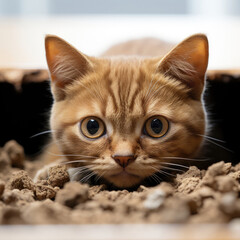 A curious Burmese kitten (Felis catus) peeking out from a hiding spot.