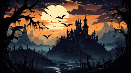 Fototapeta premium Halloween atmosphere, an old American house in the 80s is dressed up as a Halloween haunted house, dark, the outside of the haunted house is full of cobwebs,Vector